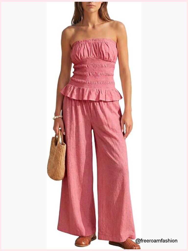 Strapless Wide Leg Pant Set With Pockets Beach Travel Outfit